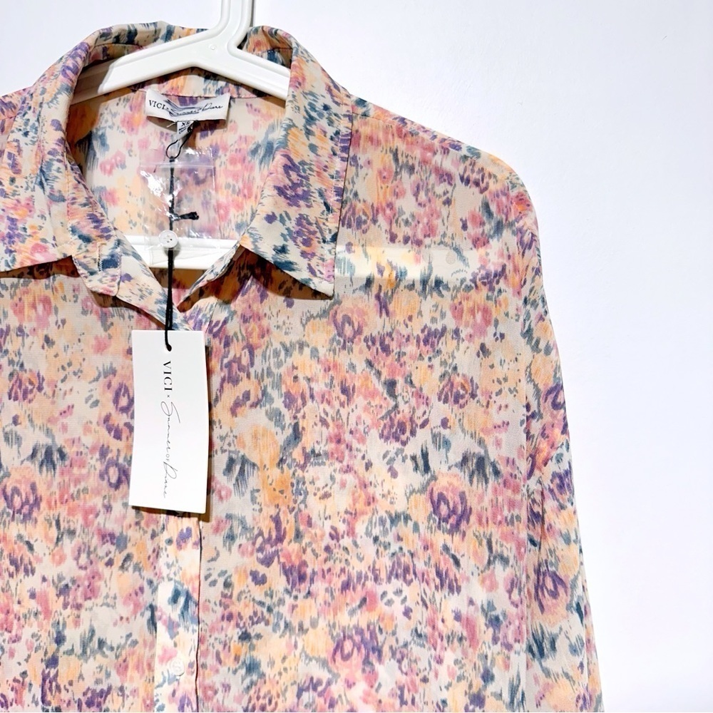 VICI X Summer Of Diane Sheer Watercolor Print Button Front Long Sleeves Shirt XS - Picture 5 of 10